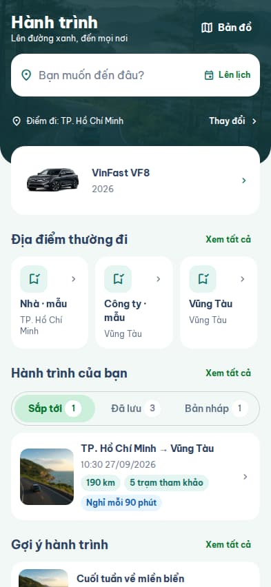 Màn hình minh họa địa điểm và kế hoạch hành trình trên EVLink.